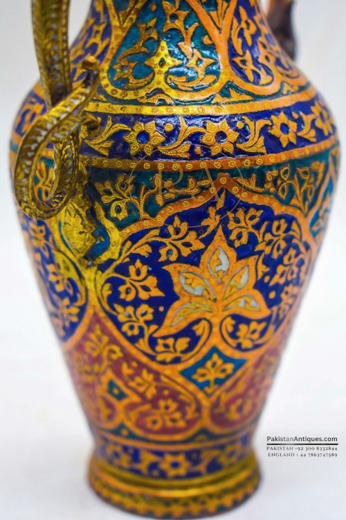 abcExquisite Middle Eastern Enameled Brass Vase with Dragon Handles, c.1900s 🐉✨