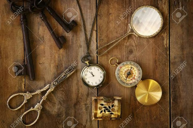 Vintage Pocket Watch, Compass, Magnifier, and Brass Box Set