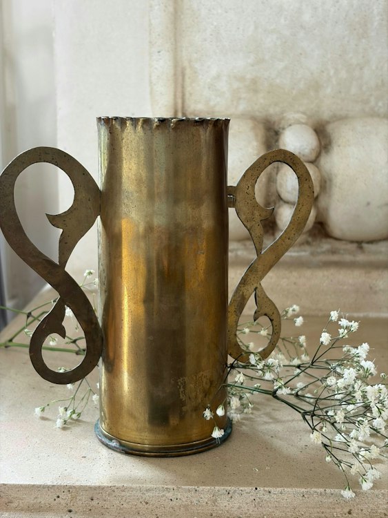 Trench Art Brass Vase with Scroll Handles