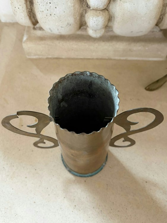  Trench Art Brass Shell Casing Vase with Scrolled Handles