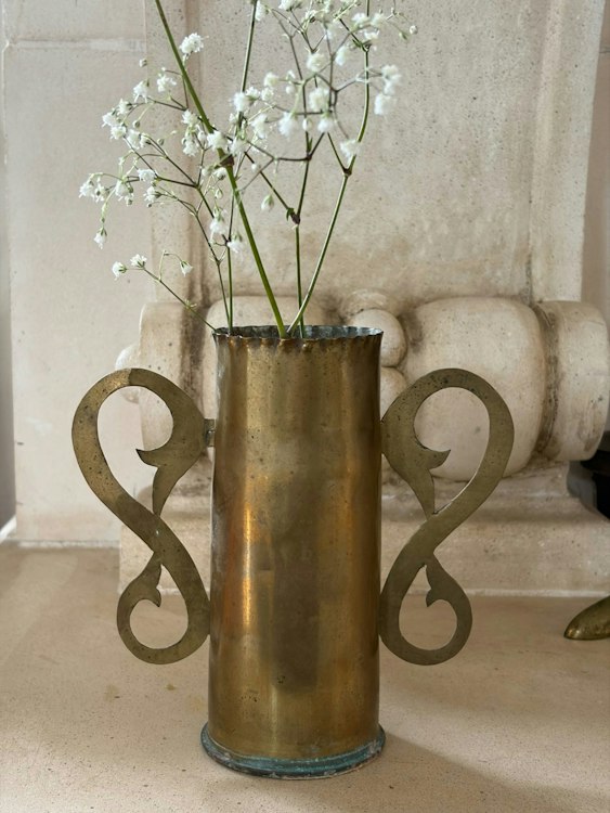 Trench Art Brass Shell Casing Vase with Scrolled Handles