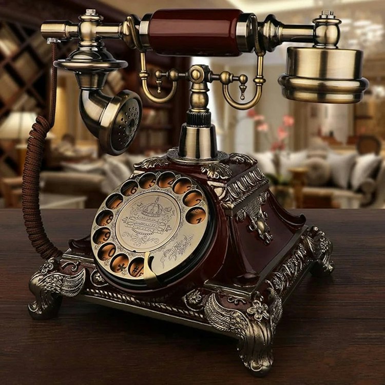 Ornate Rotary Dial Telephone, Antique Brass and Dark Wood Style