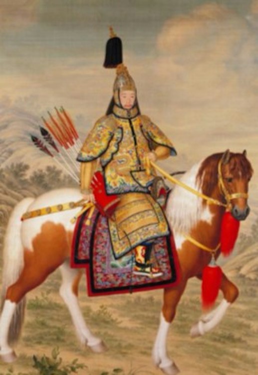 Qing Dynasty Style Equestrian Portrait Painting, Figure in Embroidered Robe