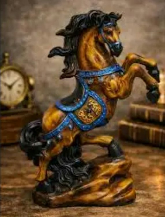 Polychrome decorative sculpture of a rearing stallion with ornate saddle