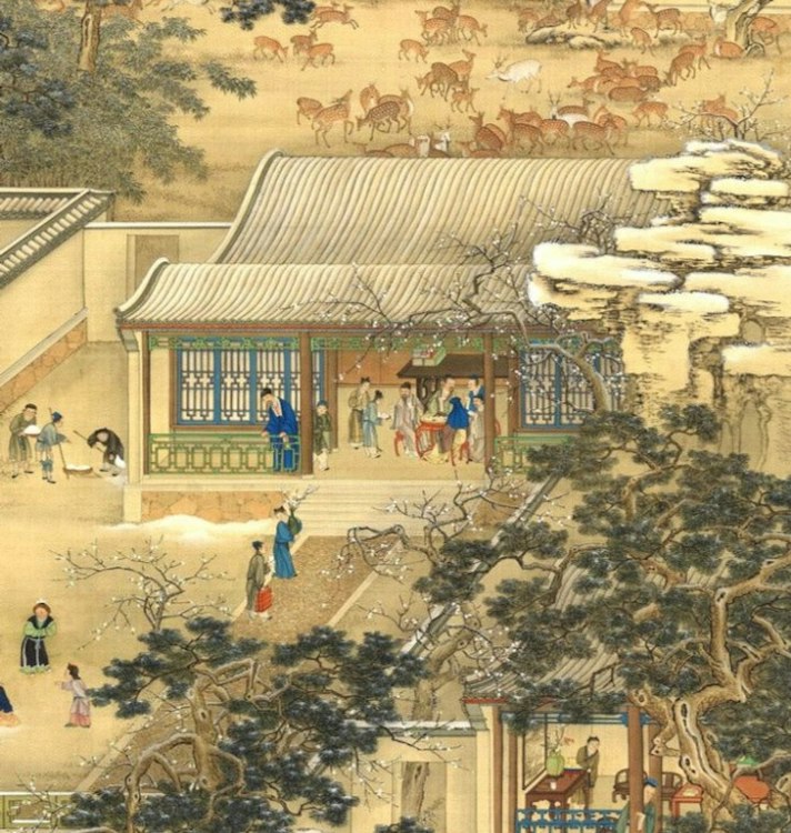 Chinese Ming/Qing Dynasty Garden Scene Painting with Figures & Deer