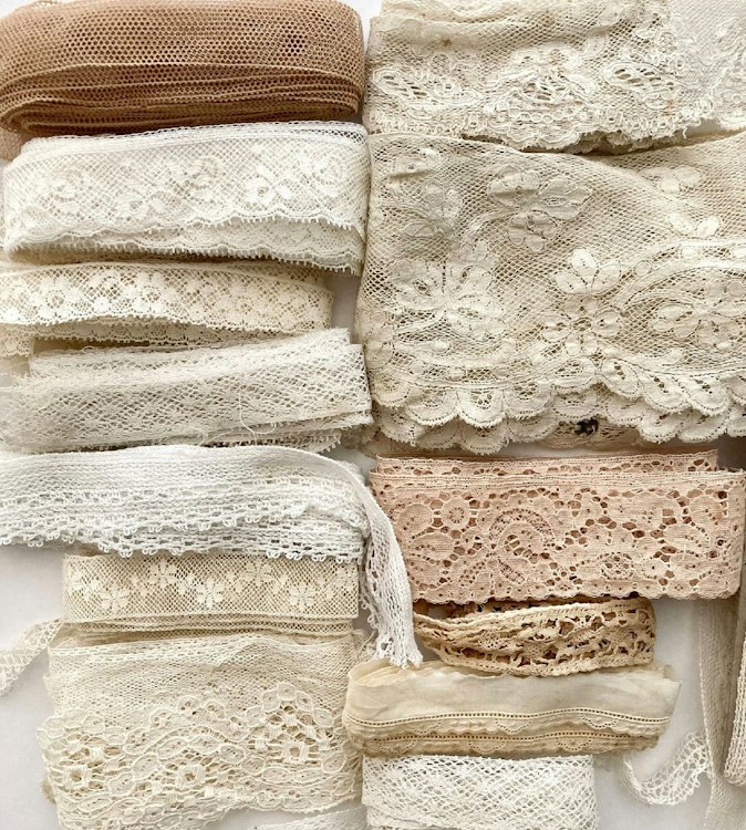 Beautiful antique and vintage lace and trim grab bag. 7 different designs of 12 inches of old cotton laces for Junk journal, slow stitching