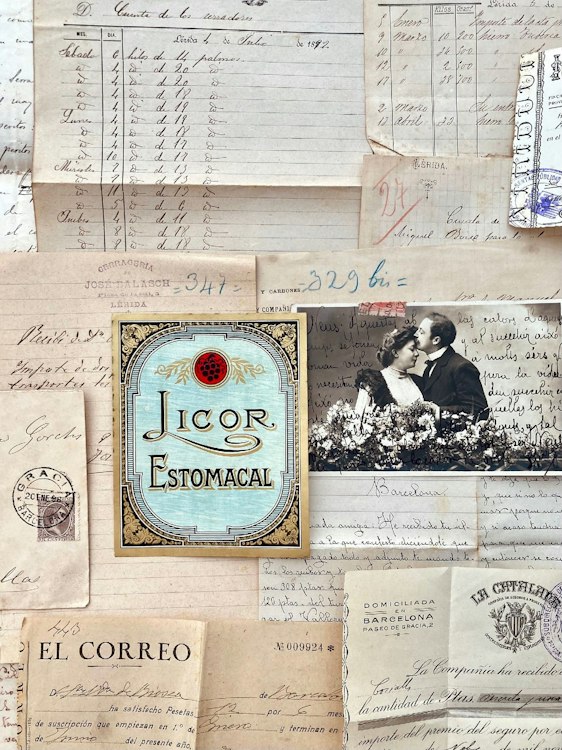 Antique paper junk journal bundle. Kit of ledgers, invoices, receipts, envelopes, handwritten letters, postcards, labels, stocks, legal acts