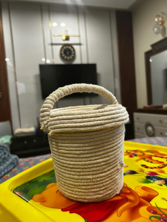 THETHETHECoiled cotton rope lidded storage basket with arched handle