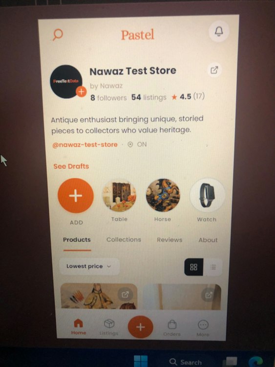 Digital screenshot of the Pastel mobile application store profile for Nawaz Test Store